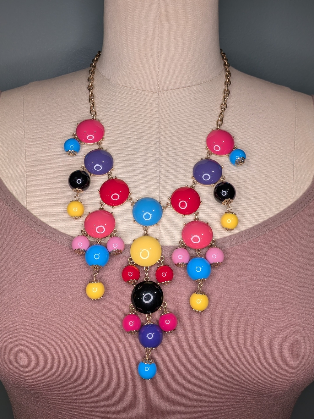 Colorful Bubble Statement Necklace Rainbow Cabochon Gold Tone Cascade